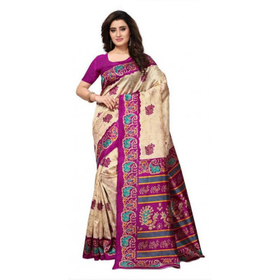 Beige and Magenta colored Batik print Silk Saree