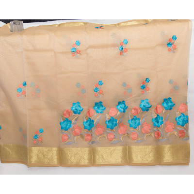 Light Golden Muslin Designer Embriodered Saree