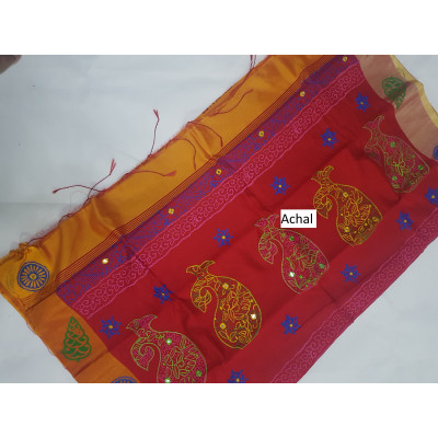 Embroidered Hand Block Print Dhupion Silk Saree