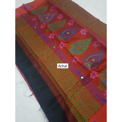 Embroidered Hand Block Print Dhupion Silk Saree