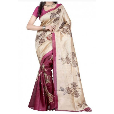 Reddish Pink and Cream combi Printed Silk Blend Saree